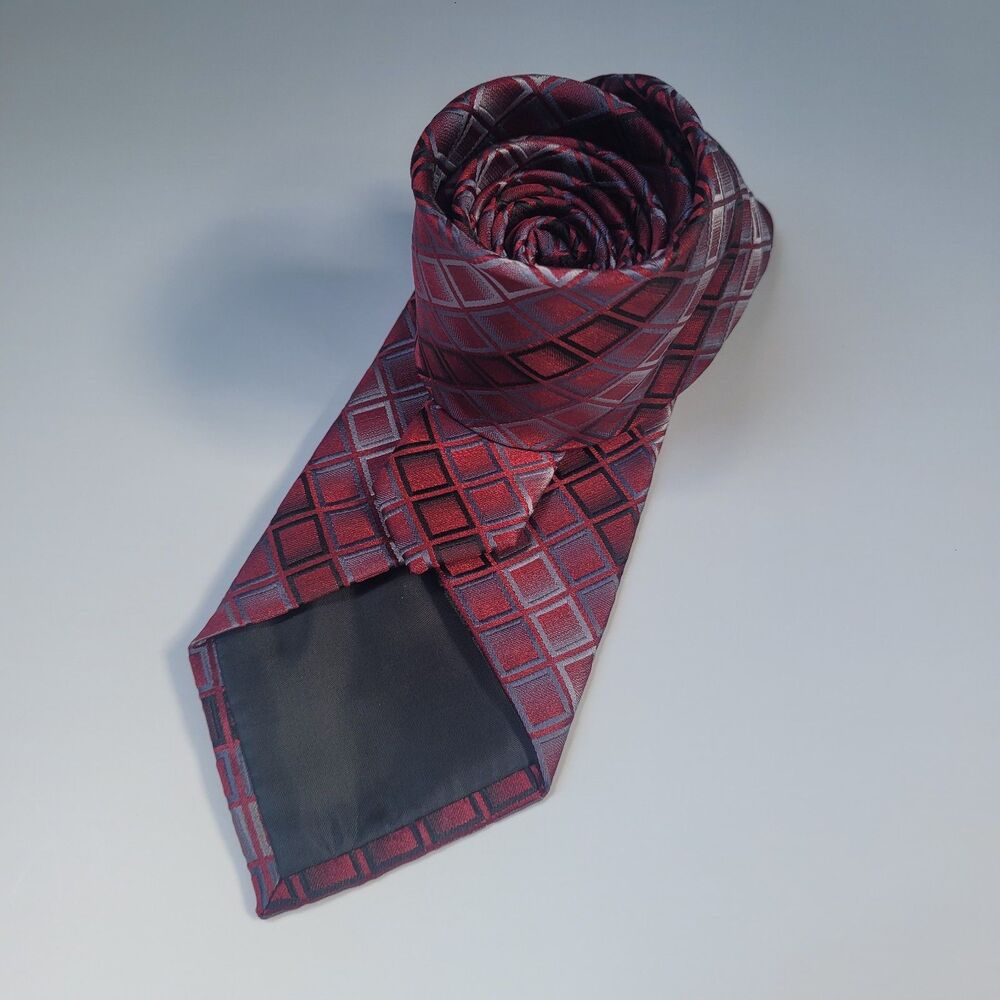 Van Heusen Red black grey stripe geometric squares polyester tie slim